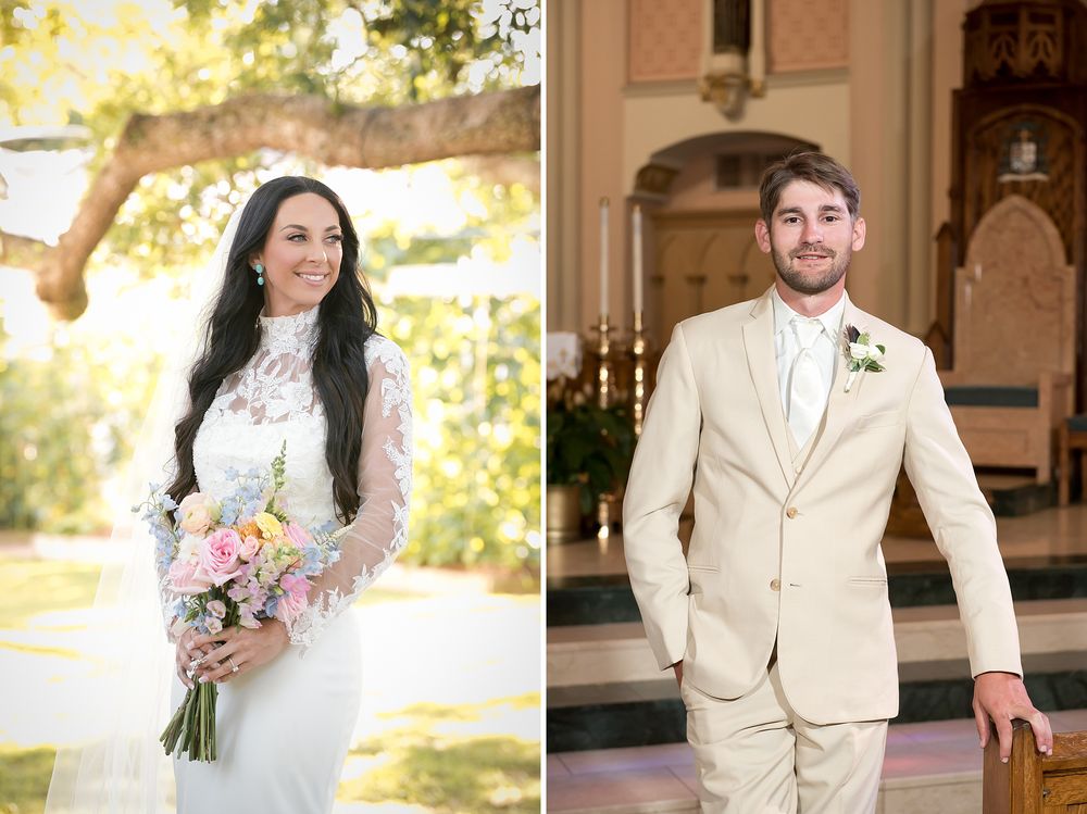Bride in white lace gown holding pink bouquet outdoors, groom in beige suit with boutonniere inside church.