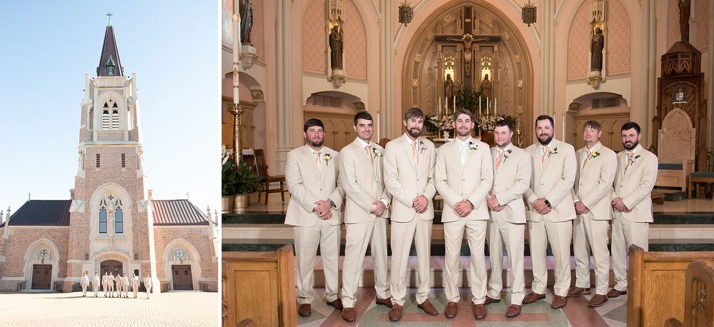 Groom and groomsmen in cream suits posing inside an elegant church with a tall white bell tower visible outside.