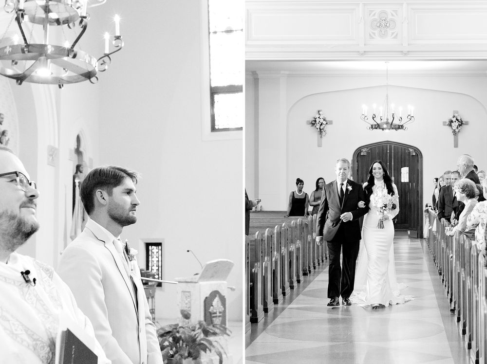 Black and white wedding ceremony photo showing groom at altar and bride walking down church aisle with escort.
