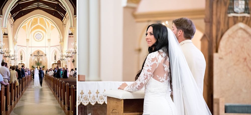 Bride and groom exchange vows at elegant church wedding ceremony with vaulted ceilings and wooden pews.