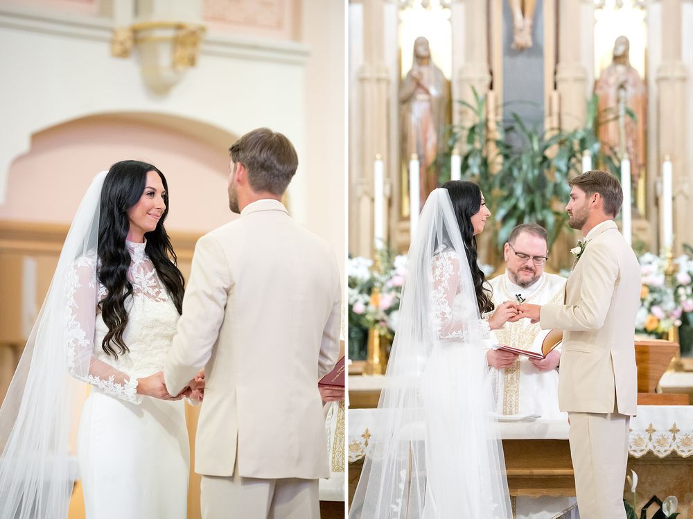 Bride and groom exchange vows at a Catholic church altar, officiated by a priest, with elegant floral arrangements.