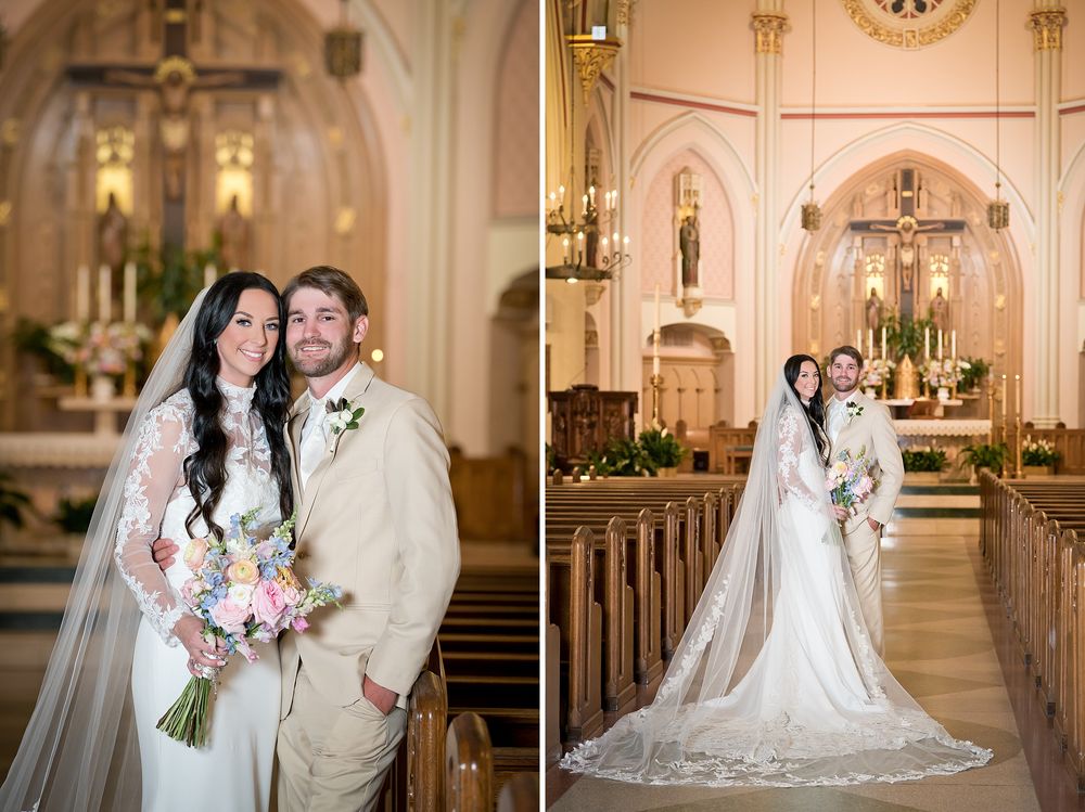 Bride and groom pose together inside a beautiful church with ornate architecture on their wedding day.