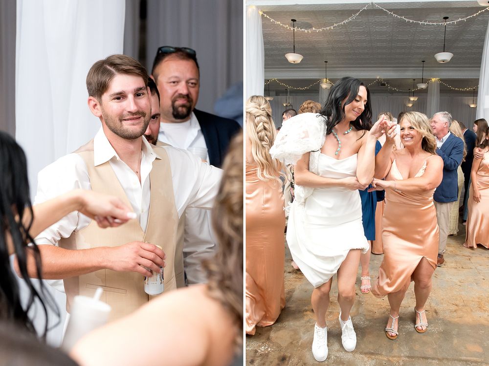 Wedding guests dancing and celebrating joyfully at a reception, with a bride in white and guests in champagne gowns.