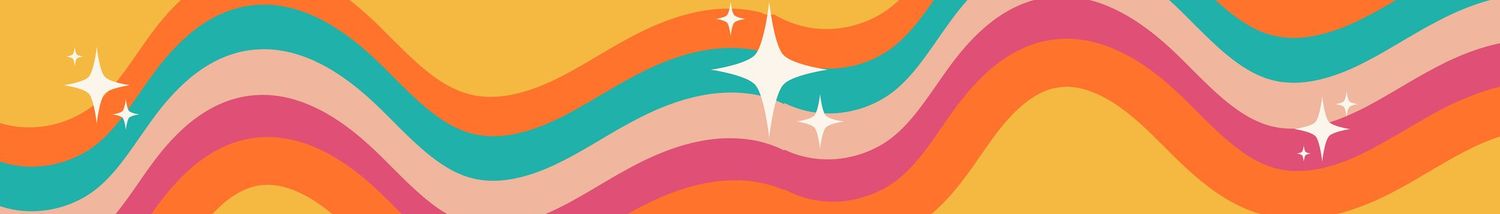 Colorful wavy decorative border with orange, pink and teal gradient pattern.