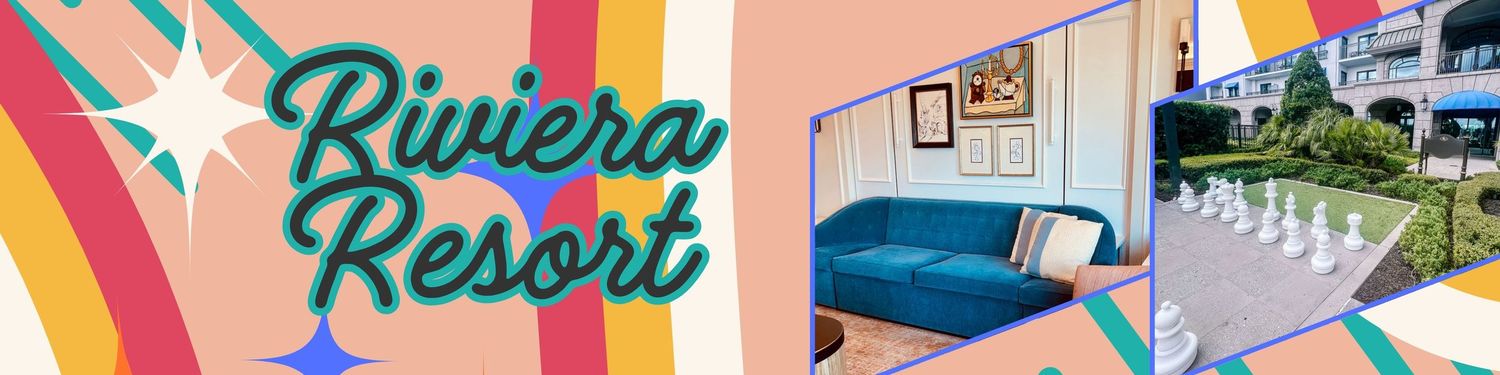 Promotional image for Disney's Riviera Resort featuring retro-style graphics and interior room photo.