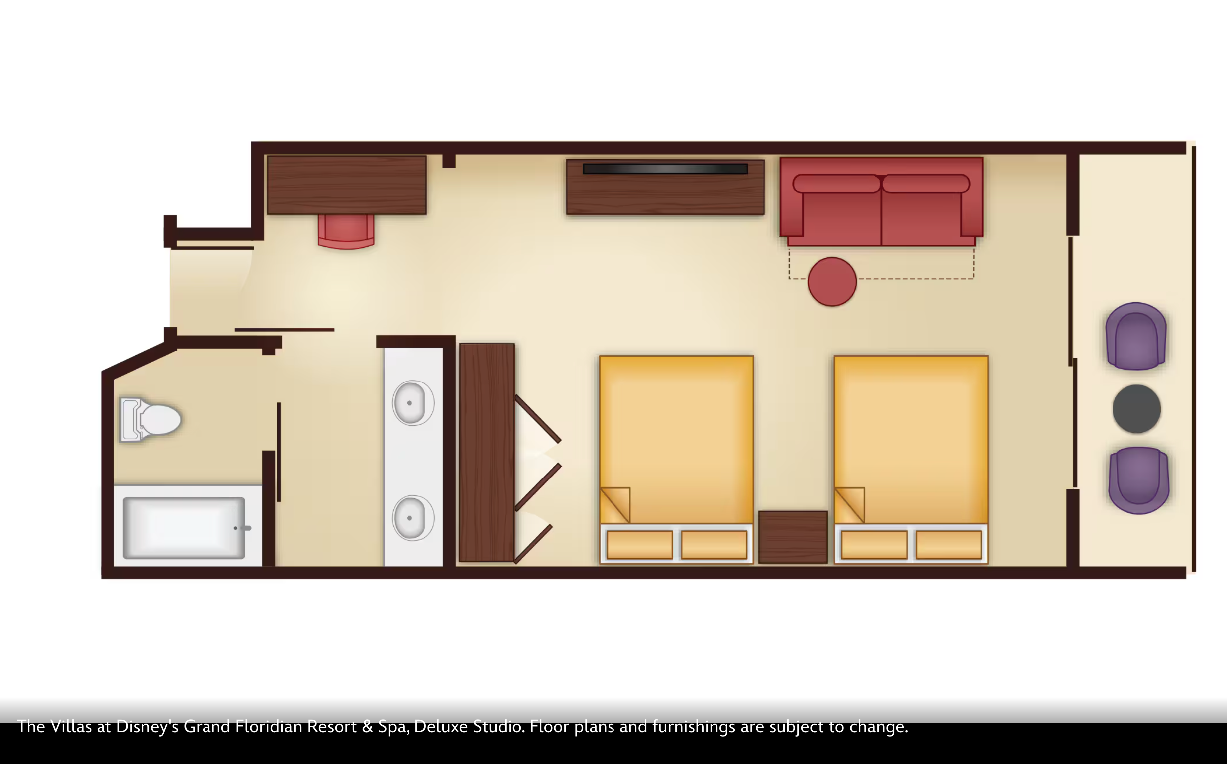 Floor plan layout for a hotel suite showing bedroom, bathroom and living areas.