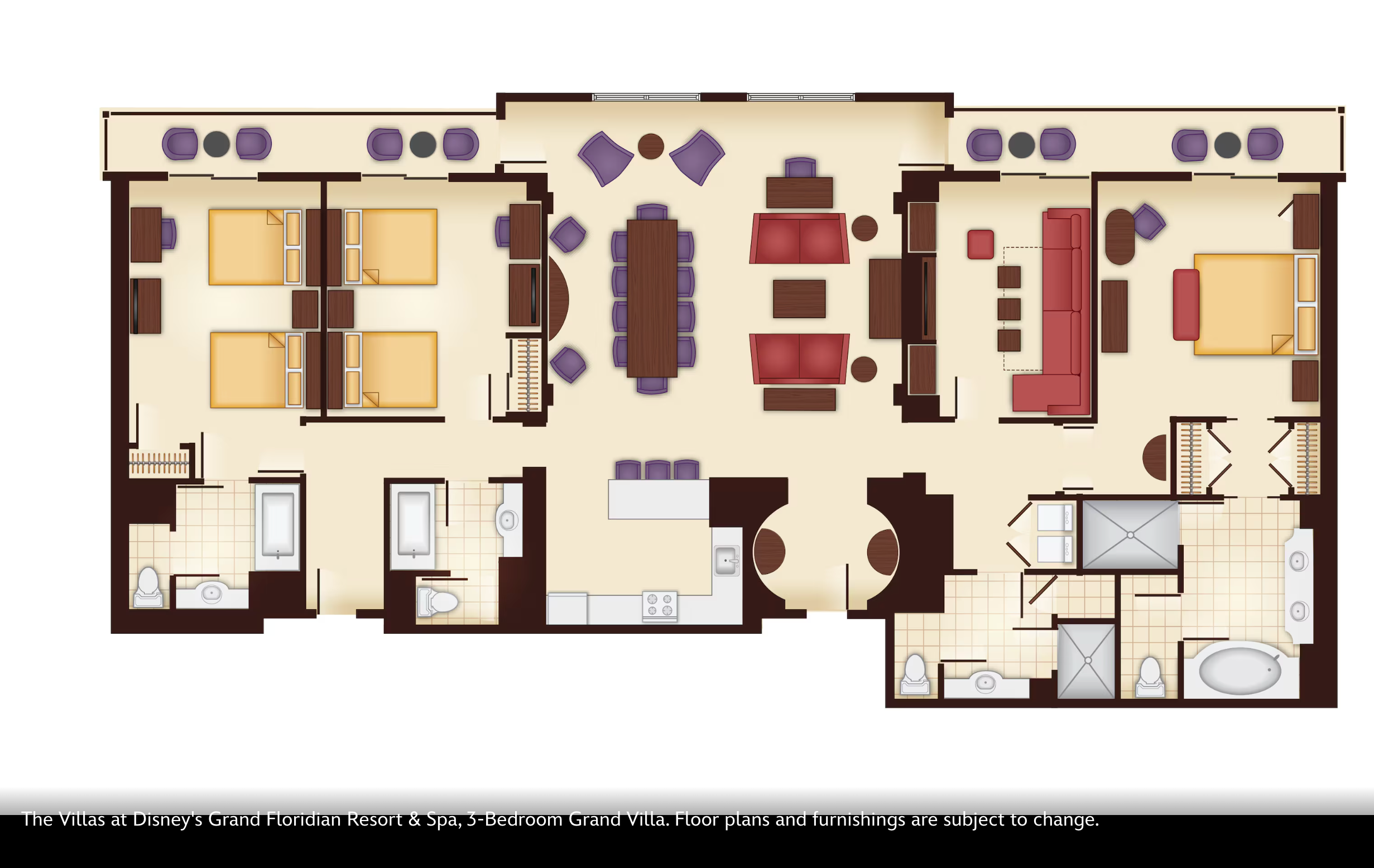 Large villa floor plan with three bedrooms, dining room, living areas and multiple bathrooms in neutral tones.