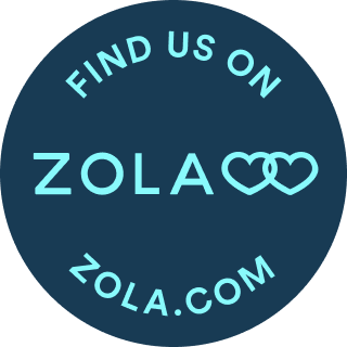 Zola wedding registry circular logo in turquoise text on navy background.