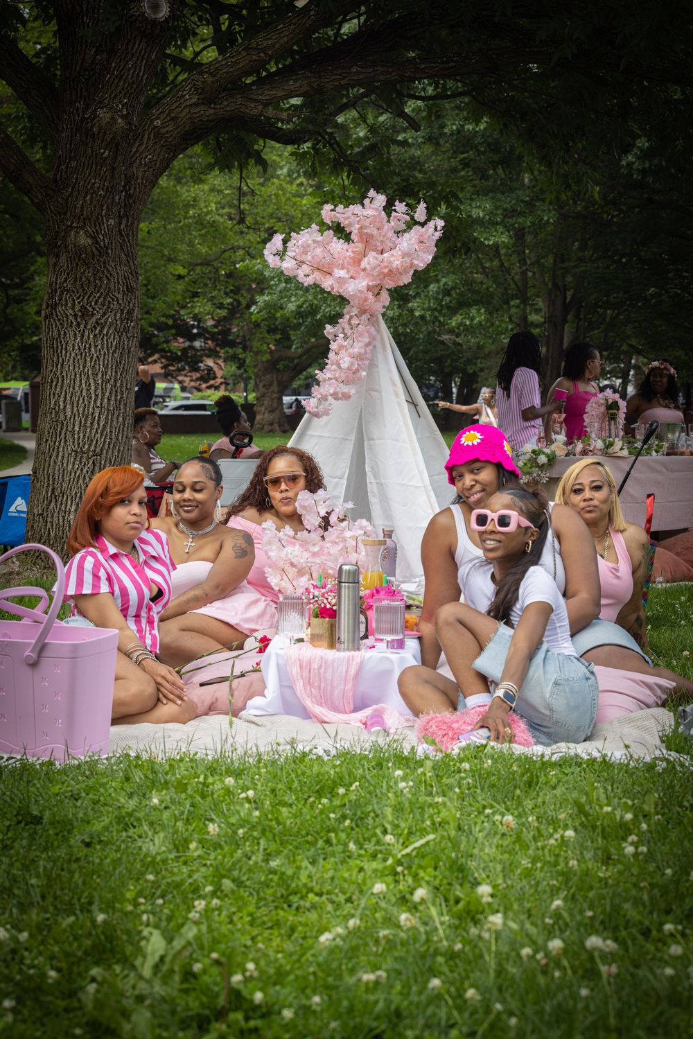 Six women enjoy a pink-themed picnic under a tree with a floral teepee backdrop in a lush green park.