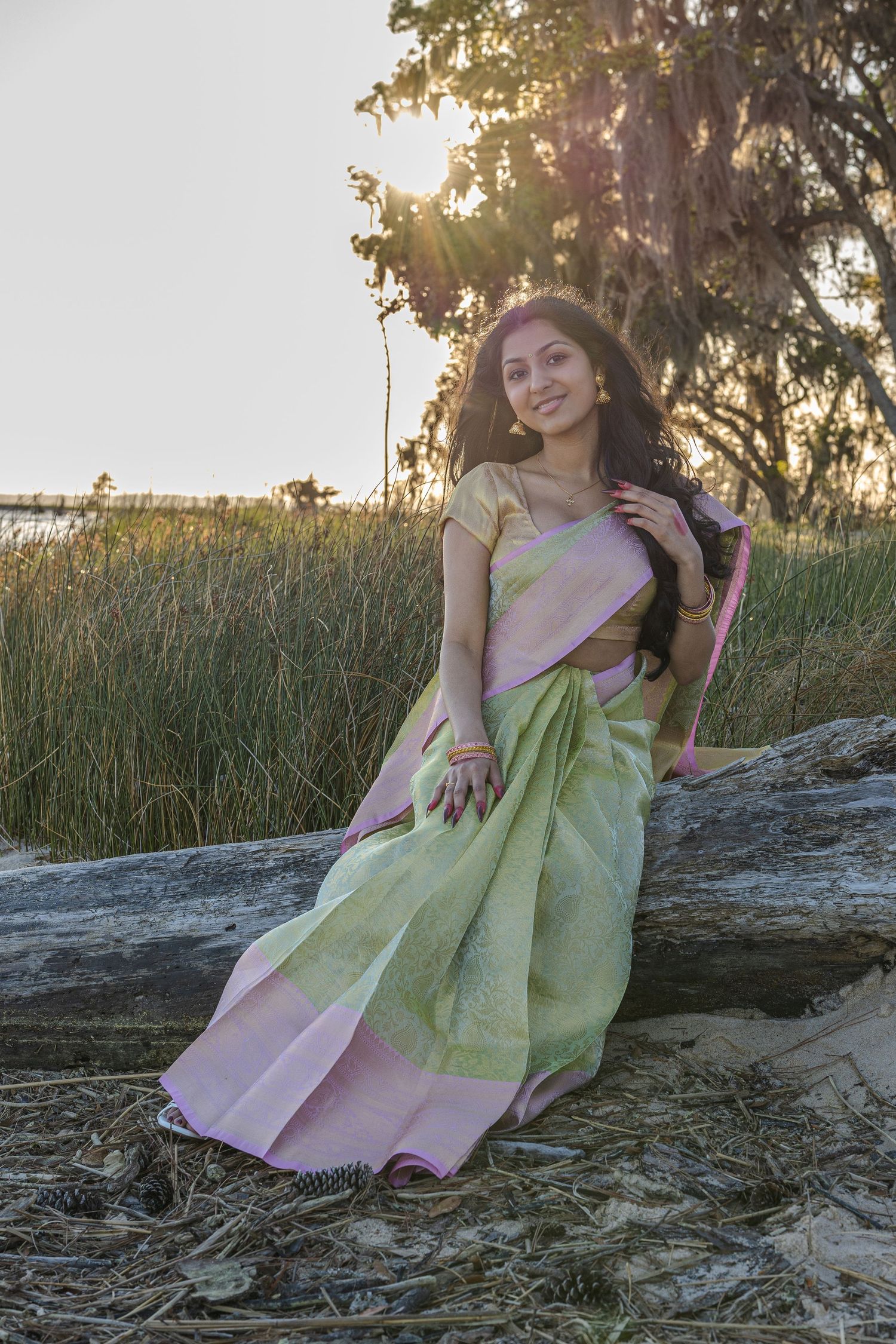 Beautiful woman in elegant green pink saree sitting on driftwood log in nature at sunset.