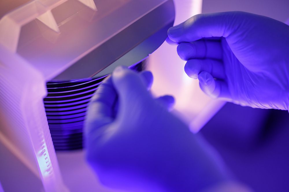 Scientist using UV light equipment with blue gloves in a laboratory setting.