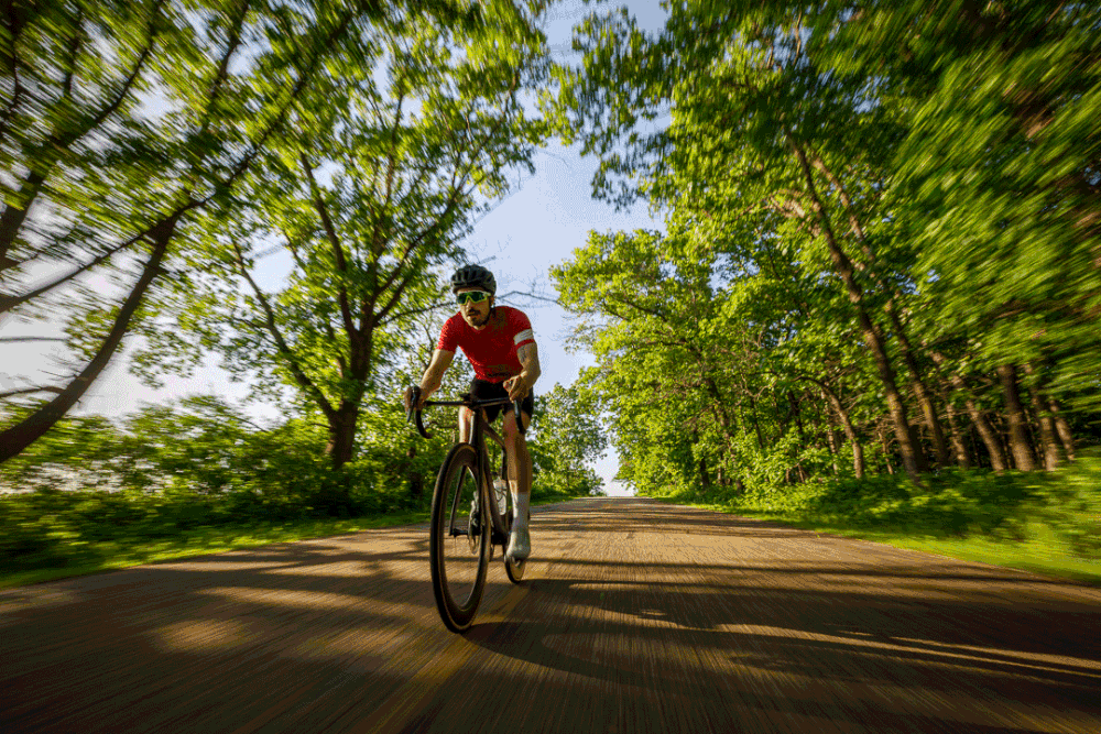 Cyclist in red jersey riding road bike through lush green tree-lined path on sunny day.