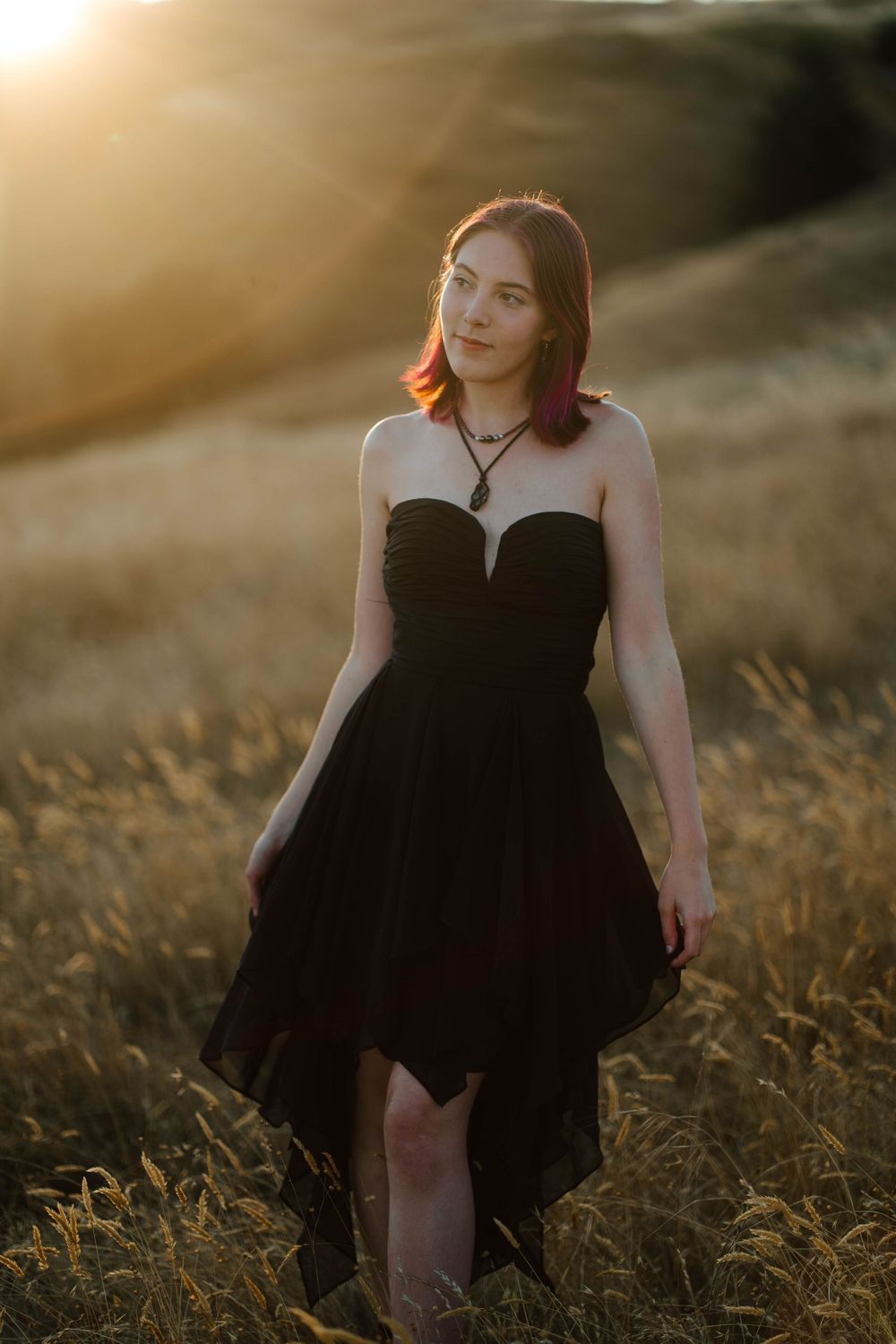 Young woman in black strapless dress standing in golden field at sunset with warm backlight.