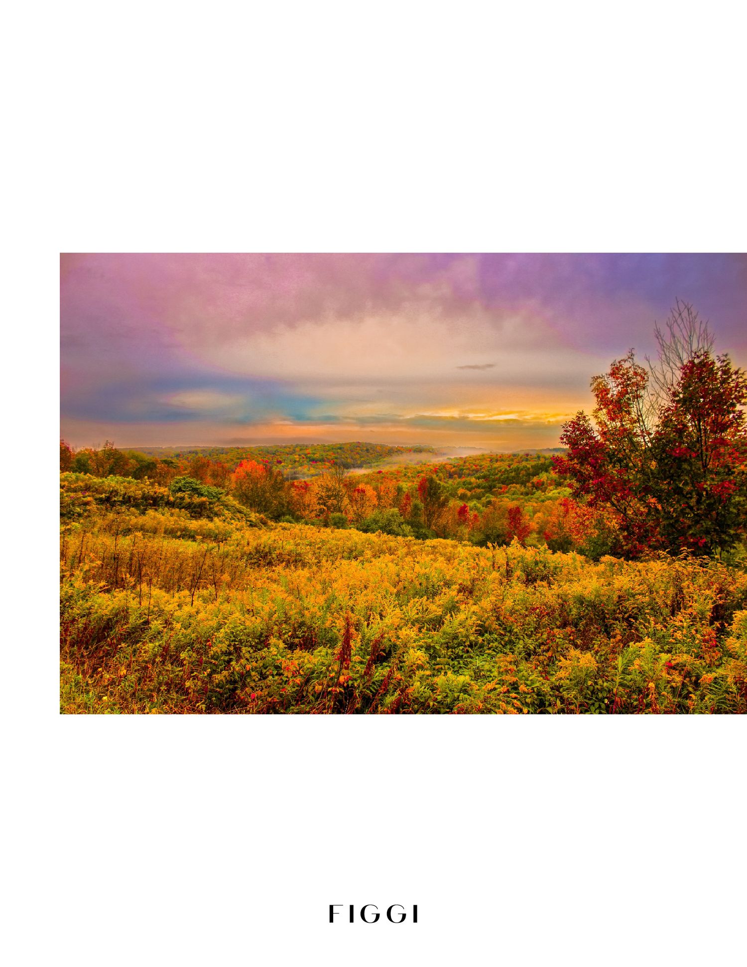 Vibrant autumn landscape with colorful foliage, rolling hills, and dramatic cloudy sky in warm fall tones.
