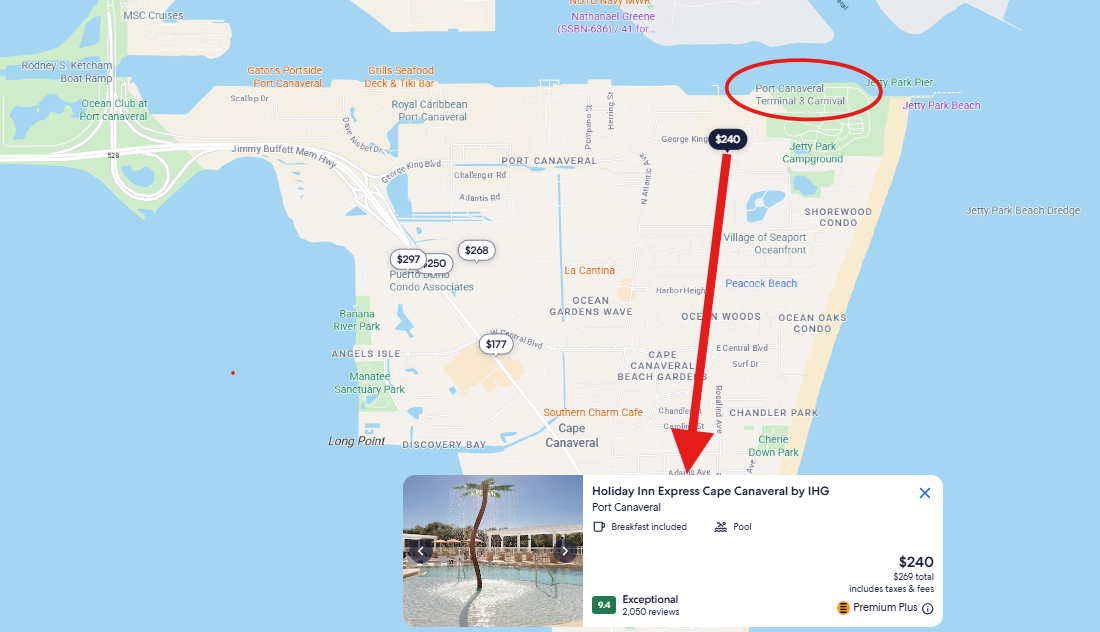 Map showing Holiday Inn Express Cape Canaveral location near Port Canaveral, Florida, with hotel details and $240 nightly rate.