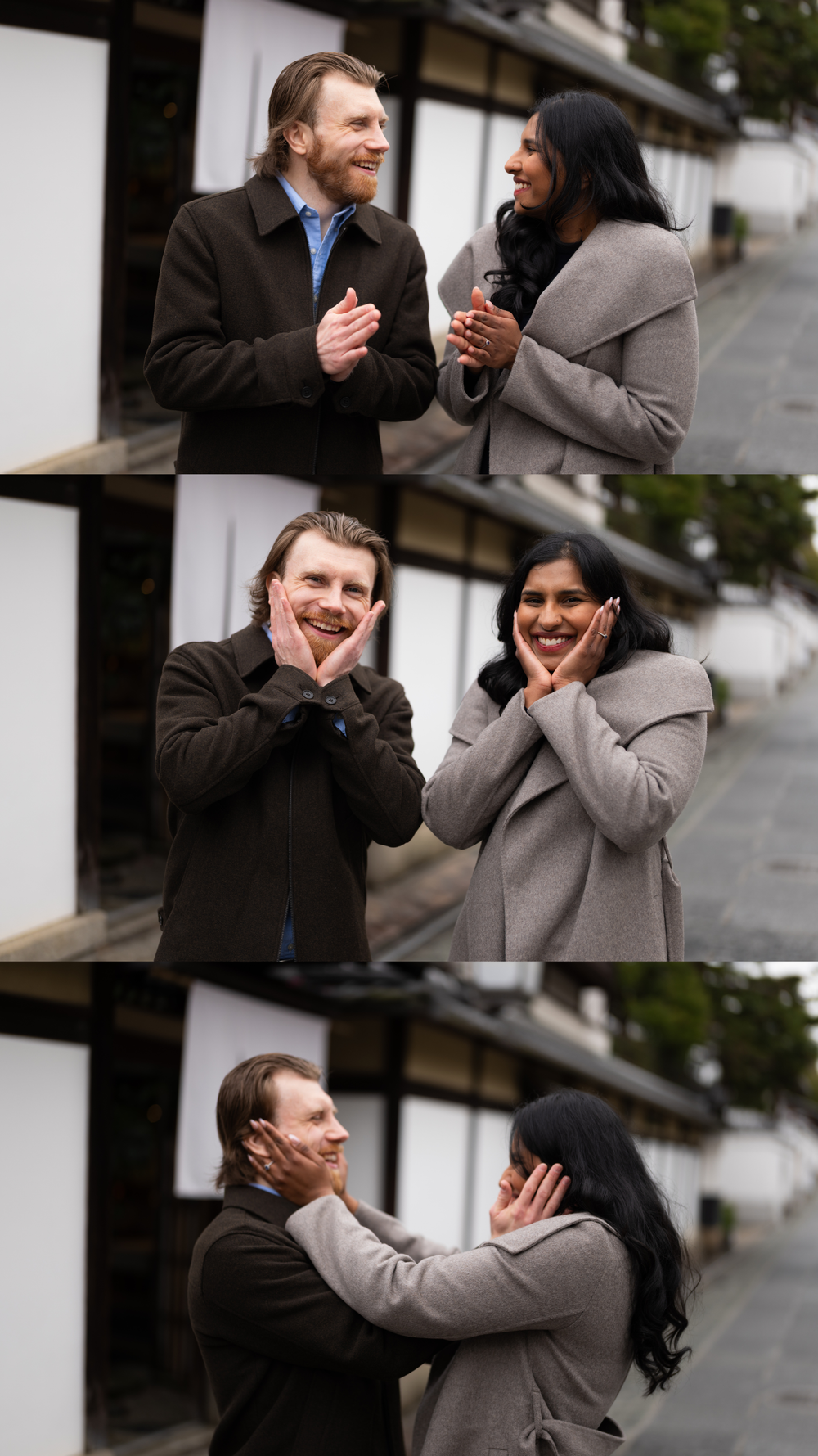 Couple reacting with joy and surprise during a proposal on a street in Kyoto, Japan.