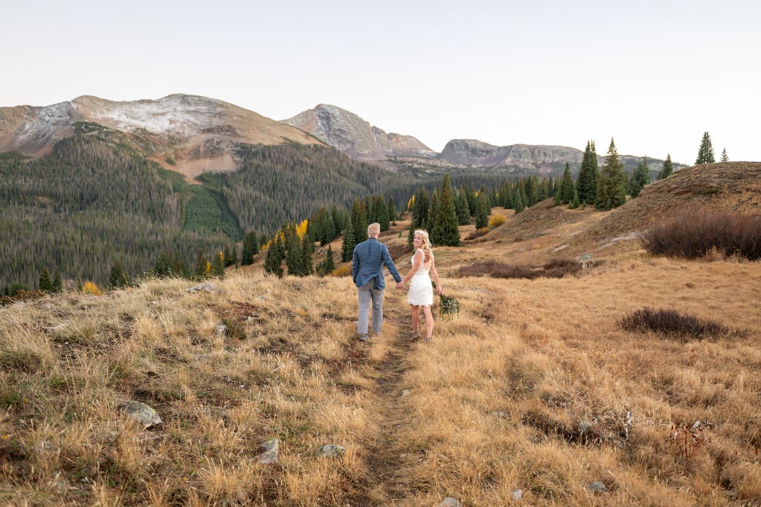 A newly married couple walks hand-in-hand through golden mountain meadow with snow-capped peaks and evergreen trees in background.