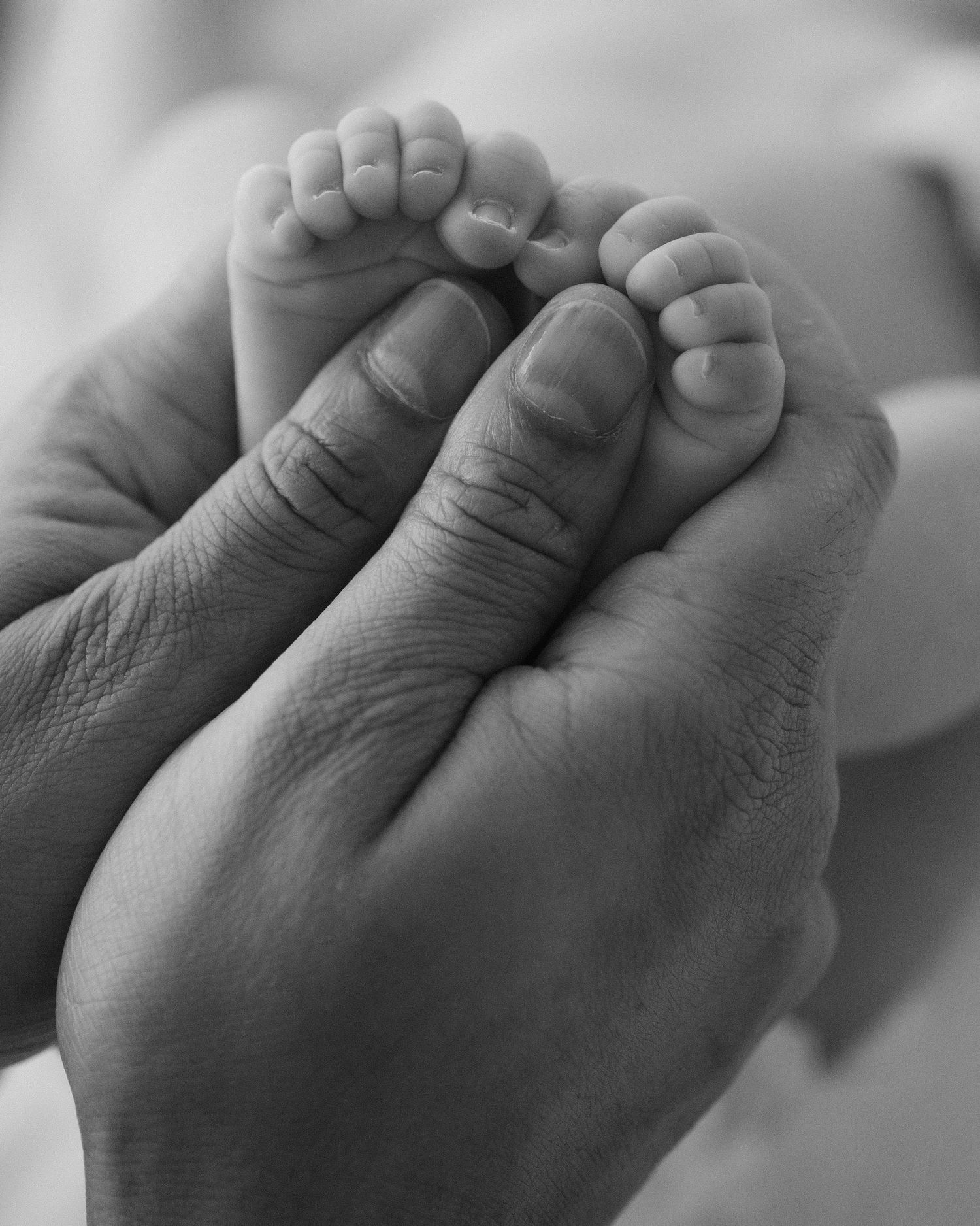 Close up detail image of dad’s hands holding newborn baby’s little toes