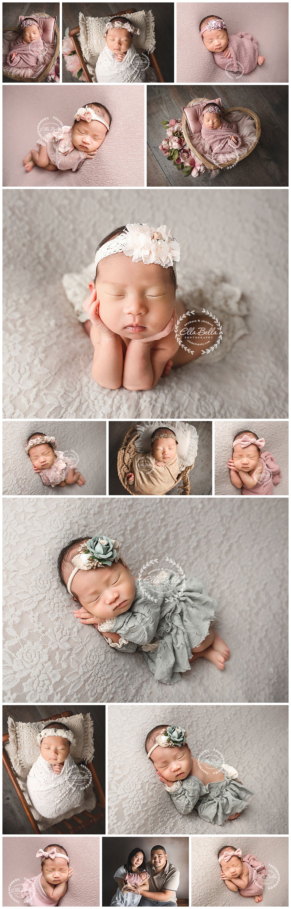 Newborn baby girl posed in soft pink and gray wraps with floral headbands in a professional photography collage.