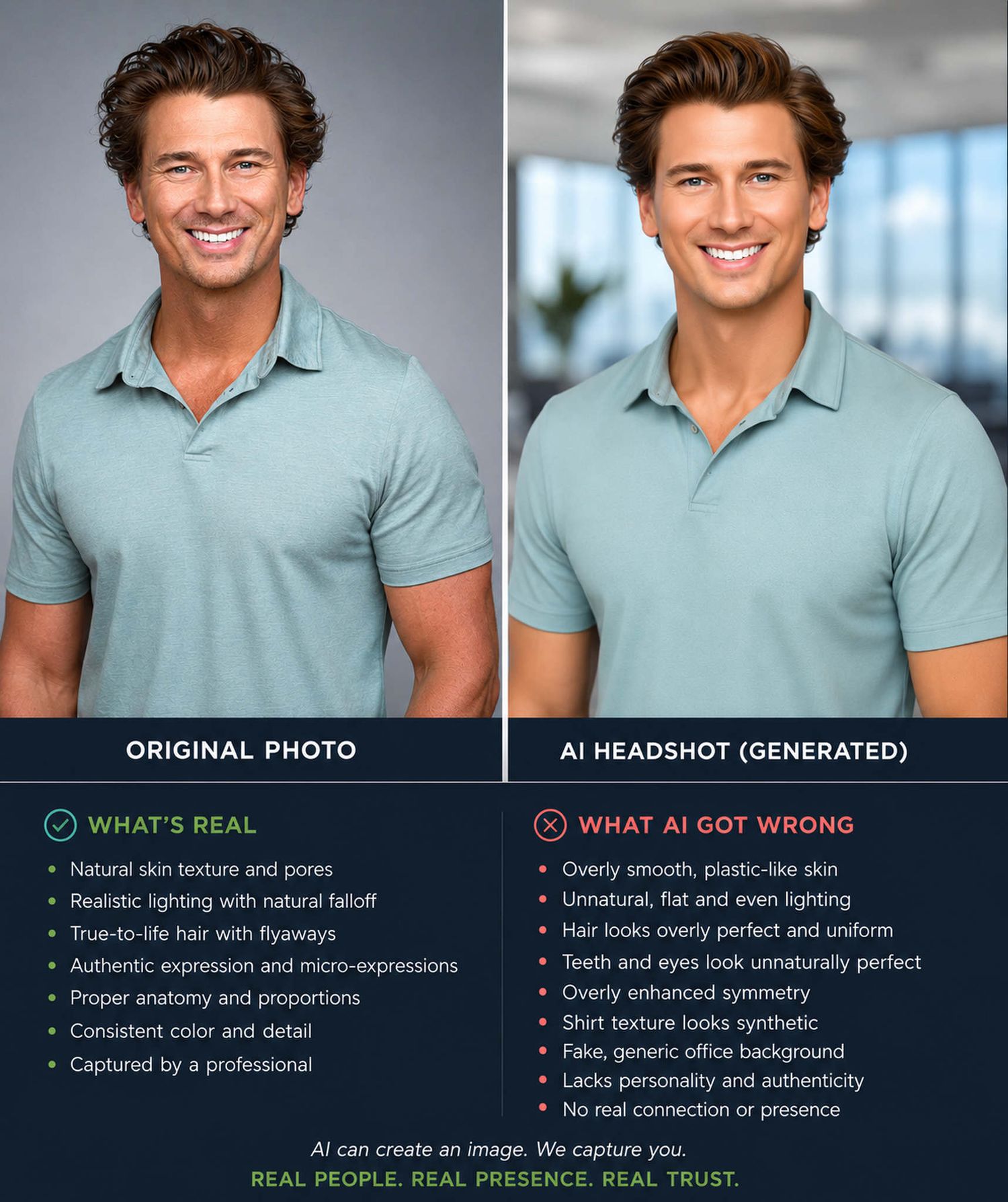 Side-by-side comparison of real vs AI-generated headshot photos highlighting differences in skin texture, lighting, and authenticity.