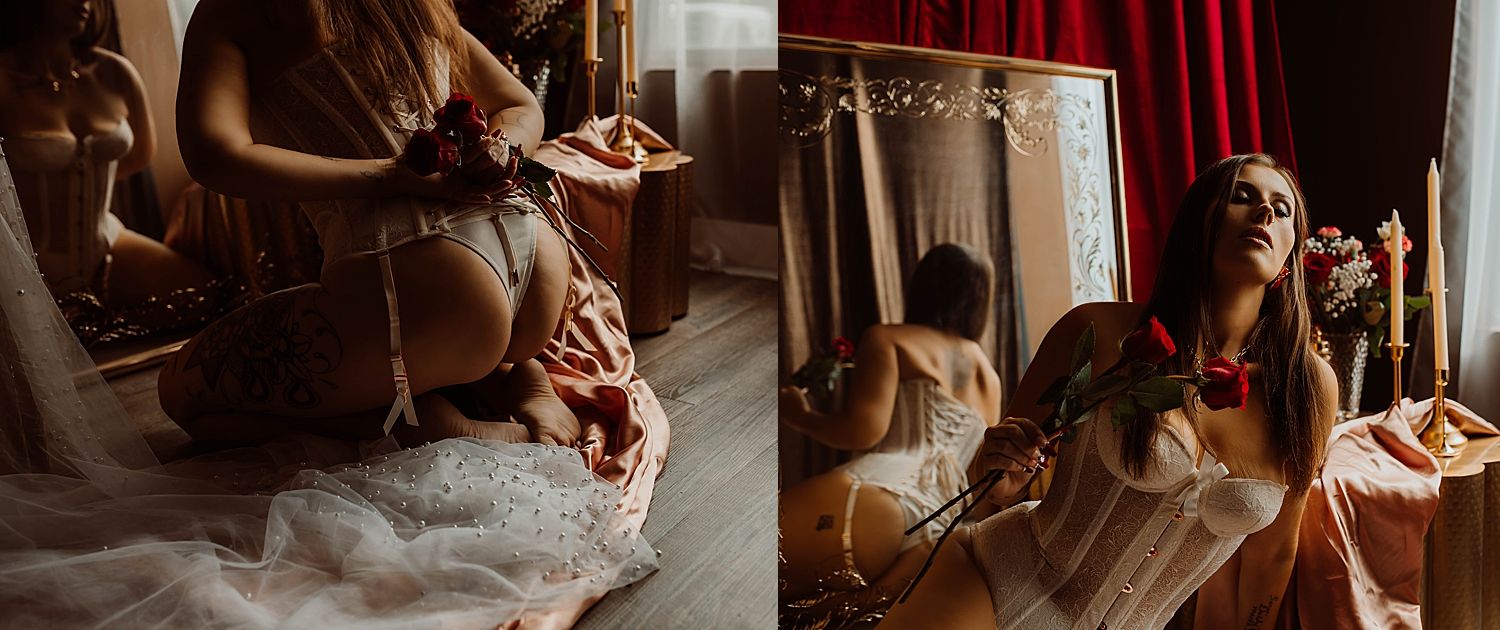 Woman in corset in front of mirror for Valentine's Day boudoir photoshoot with Boudoir by KJ.