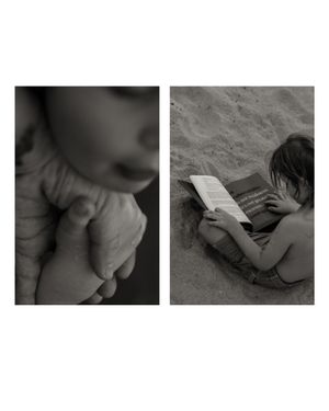Black and white diptych showing quiet moments of rest and reading.