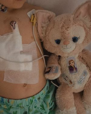 Medical equipment and stuffed cat plush toy with Disney character pins.