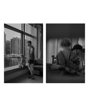 Black and white diptych showing city views and indoor scenes.