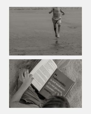 Dual image showing running on beach and reading a book on sand.