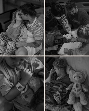 Black and white collage showing intimate hospital moments and medical care.