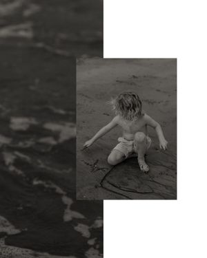 Artistic black and white beach scene with textured overlay effects.