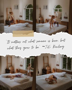 Four-panel photo collage showing playful moments on a bed with inspirational text overlay.
