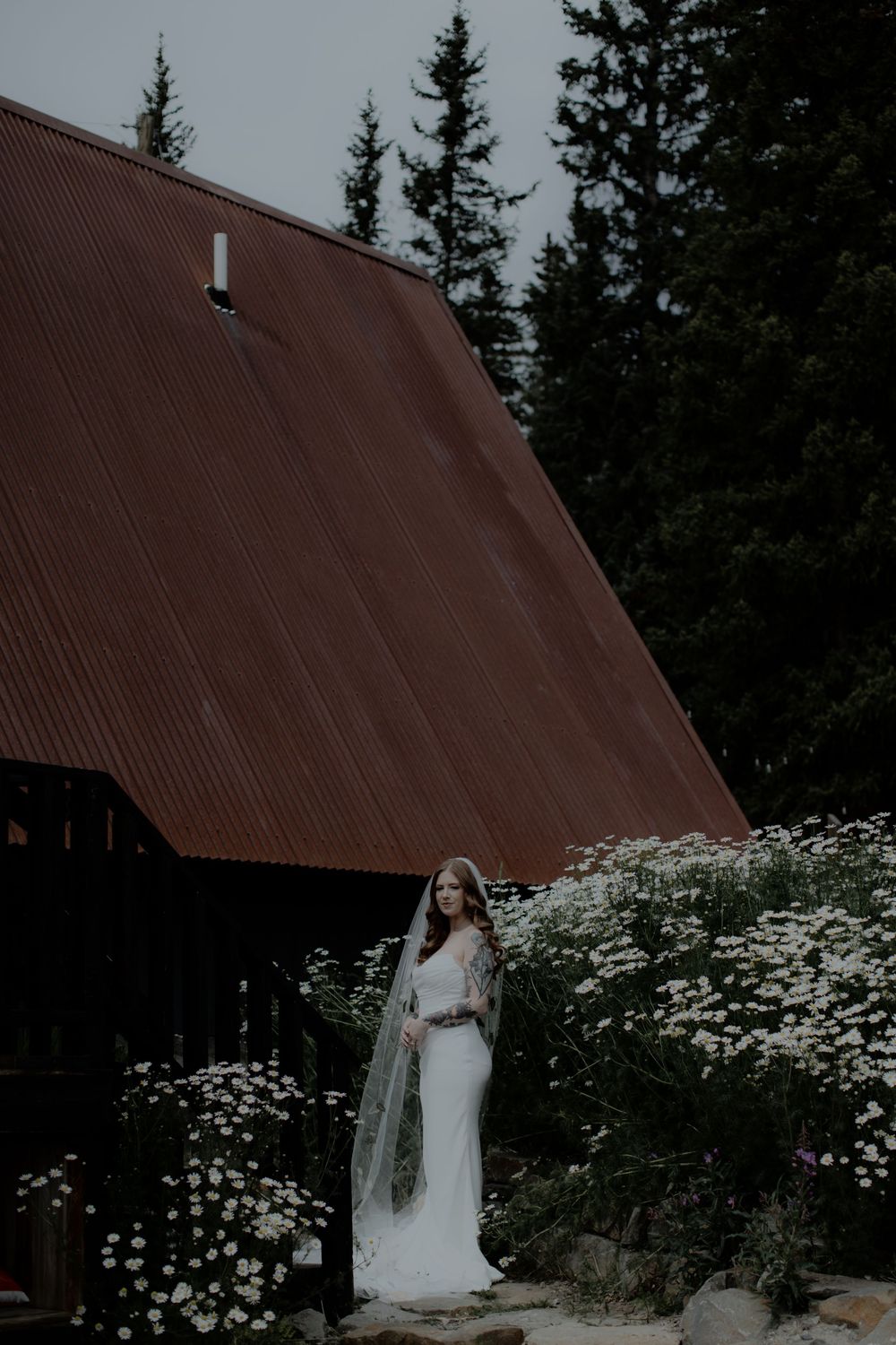 A rustic A-frame cabin surrounded by white daisies creates a charming wedding backdrop.