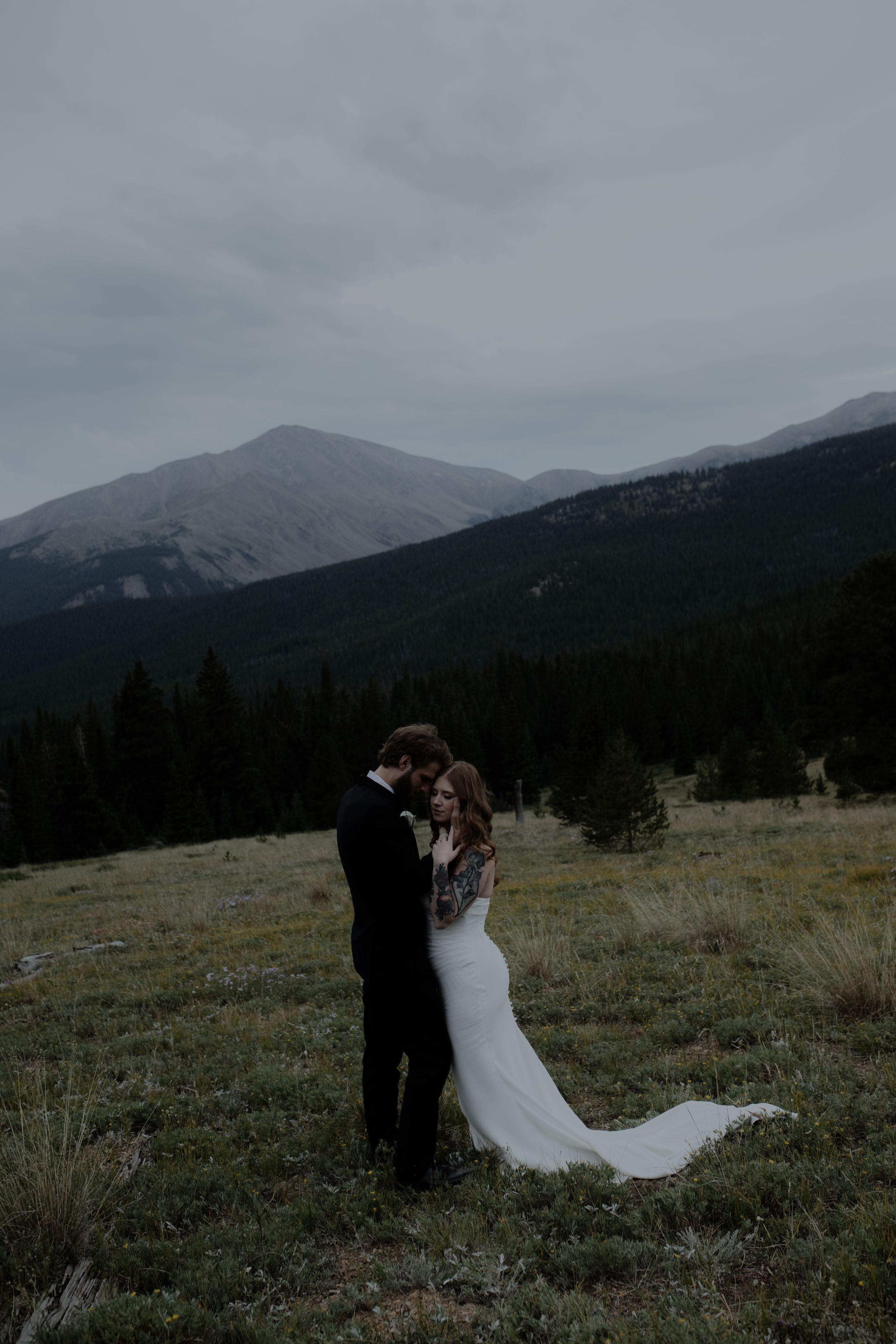 Newlyweds share an intimate moment in a mountain field with dramatic peaks in the background.