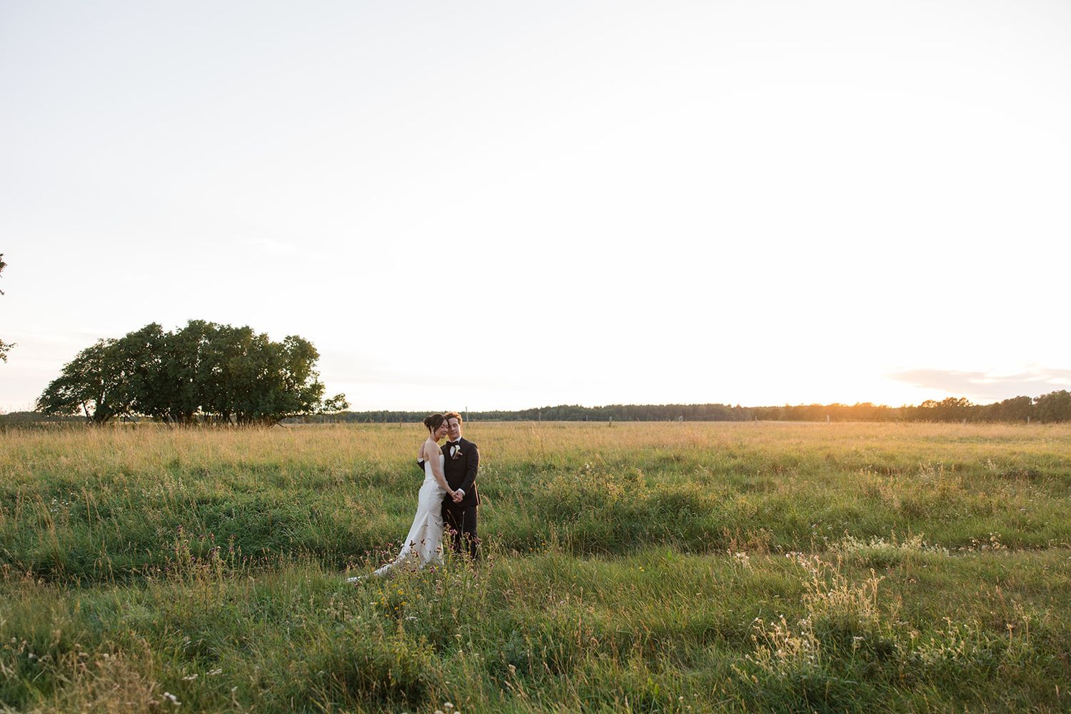A scenic rural field at sunset with a couple embracing in silhouette against the golden light.