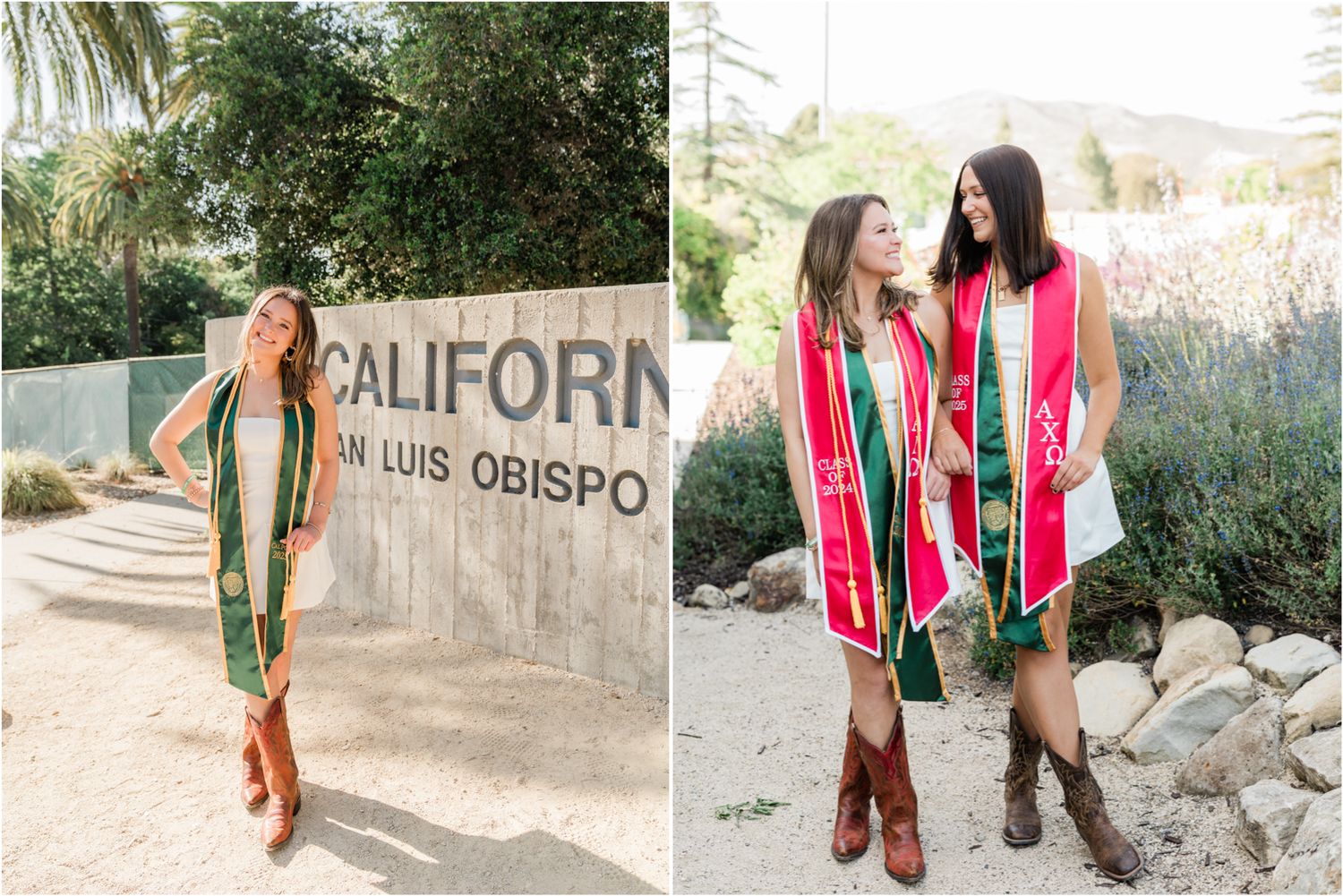 cal poly graduates wearing sorority stoles standing in front of cal poly sign on California ave