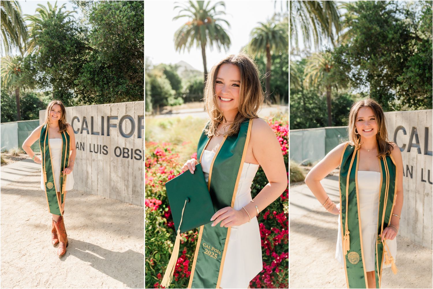 cal poly grad photos with graduate wearing white dress and cal poly graduation stole