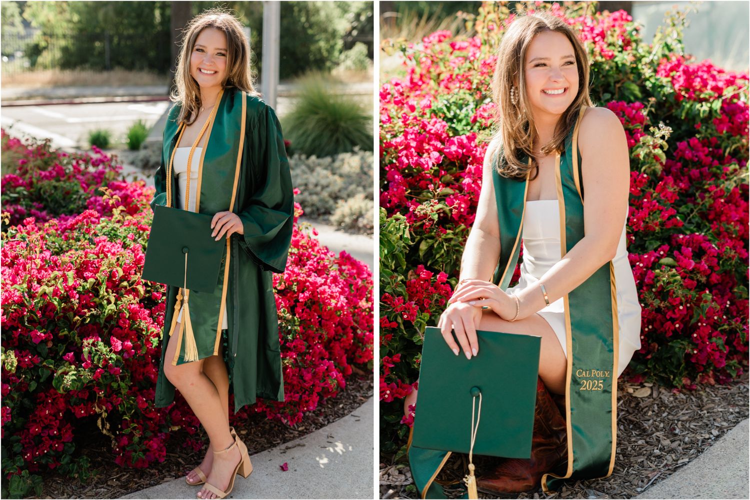 cal poly grad with cap and gown standing in front of pink flowers on cal poly campus for college grad photos
