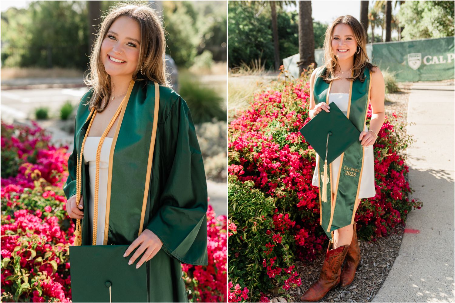 cal poly cap and gown photos near cal poly sign on campus for senior college grad photos