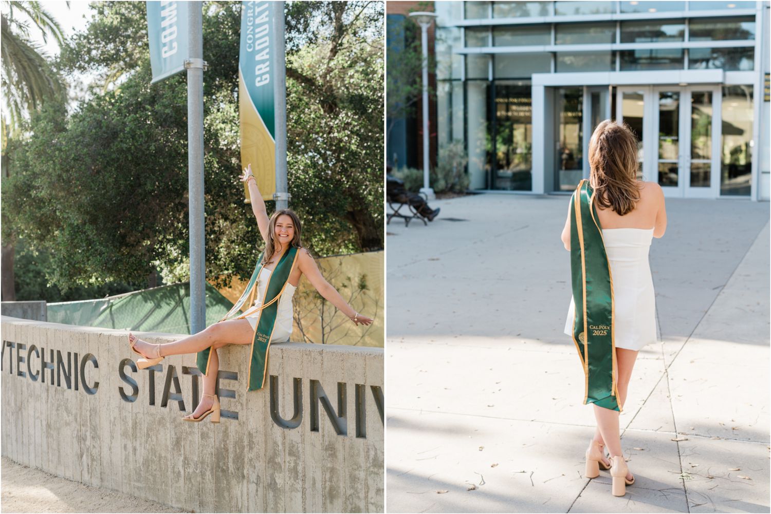 cal poly grad photos on campus wearing white dress