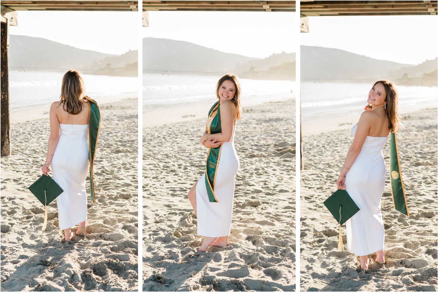 cal poly senior photos in avila beach | white dress and college graduation stole