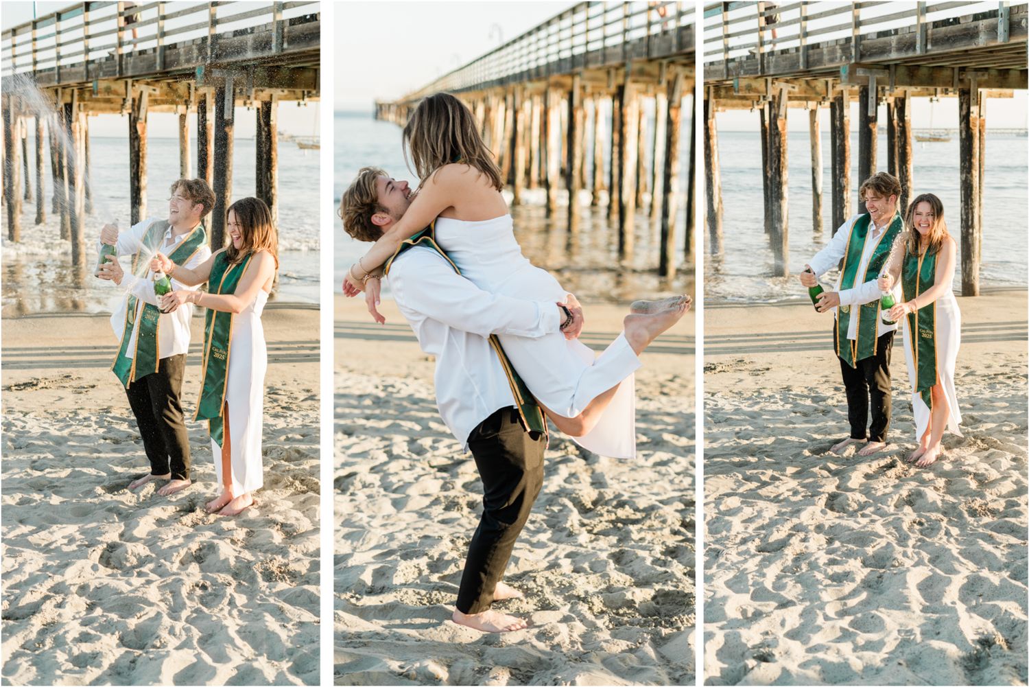 cal poly couple wearing graduation stoles for college grad photo session