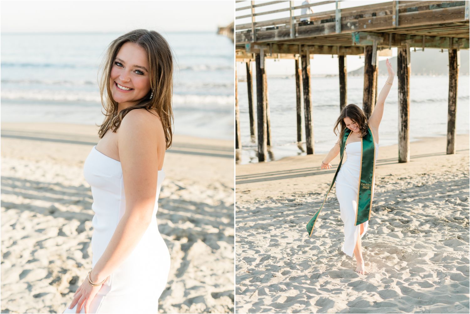 Cal Poly grad photos at Avila Beach | SLO Senior Photos | walking barefoot on the beach in a white dress for senior photos
