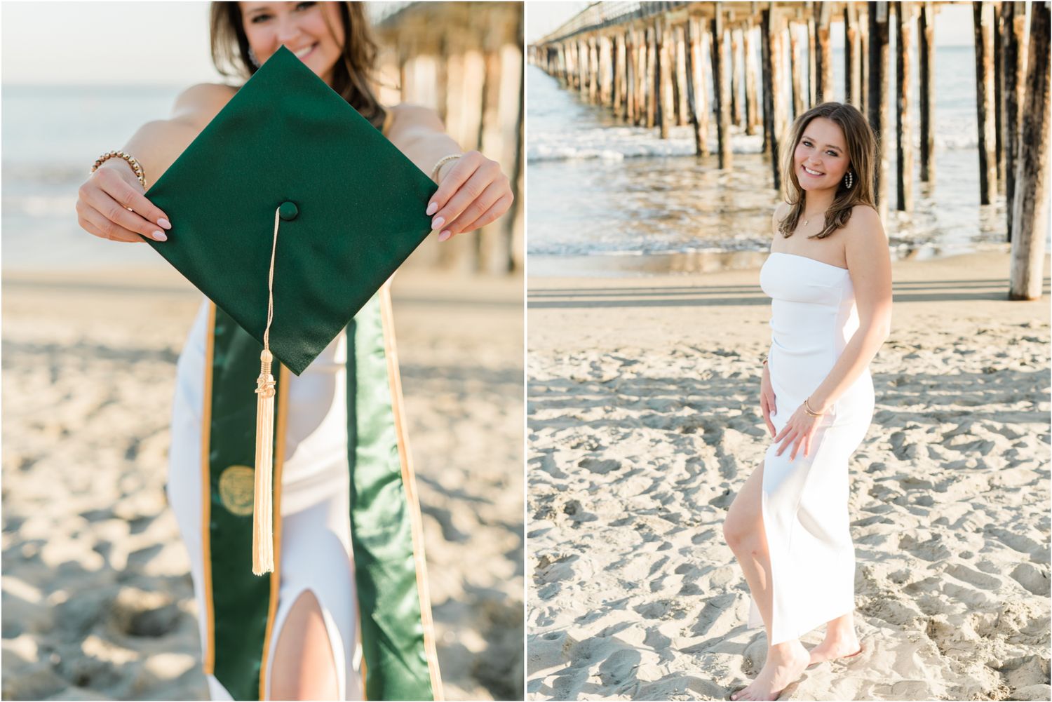 SLO Senior photos at Avila Beach | Cal Poly Grad in white dress and graduation cap and stole | photos near Avila Beach pier