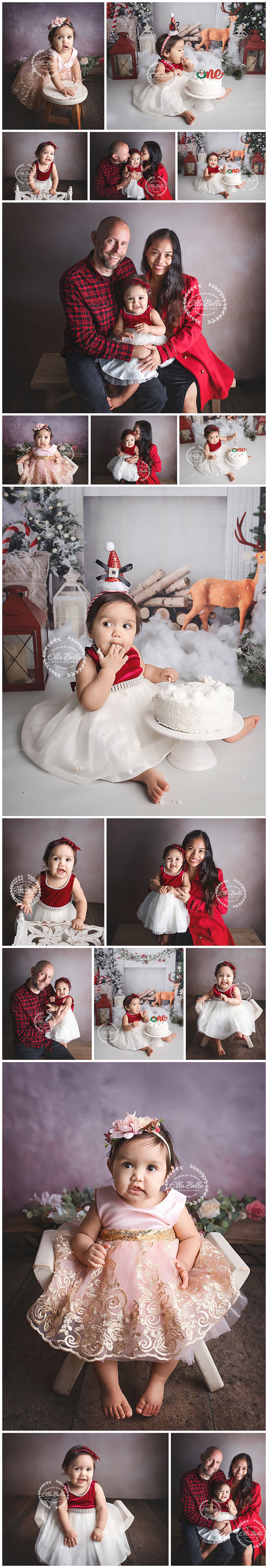 Festive holiday cake smash photo session featuring red and white decorations, winter props, and elegant family portraits.