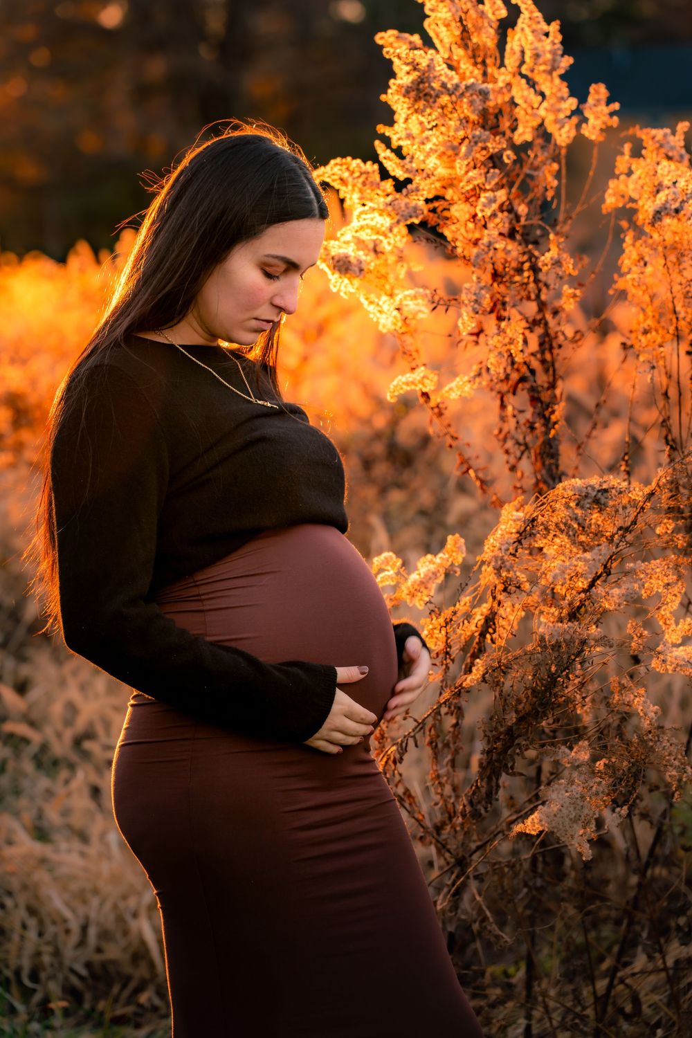 Silhouette of pregnant woman in black dress against golden sunset in tall grass.