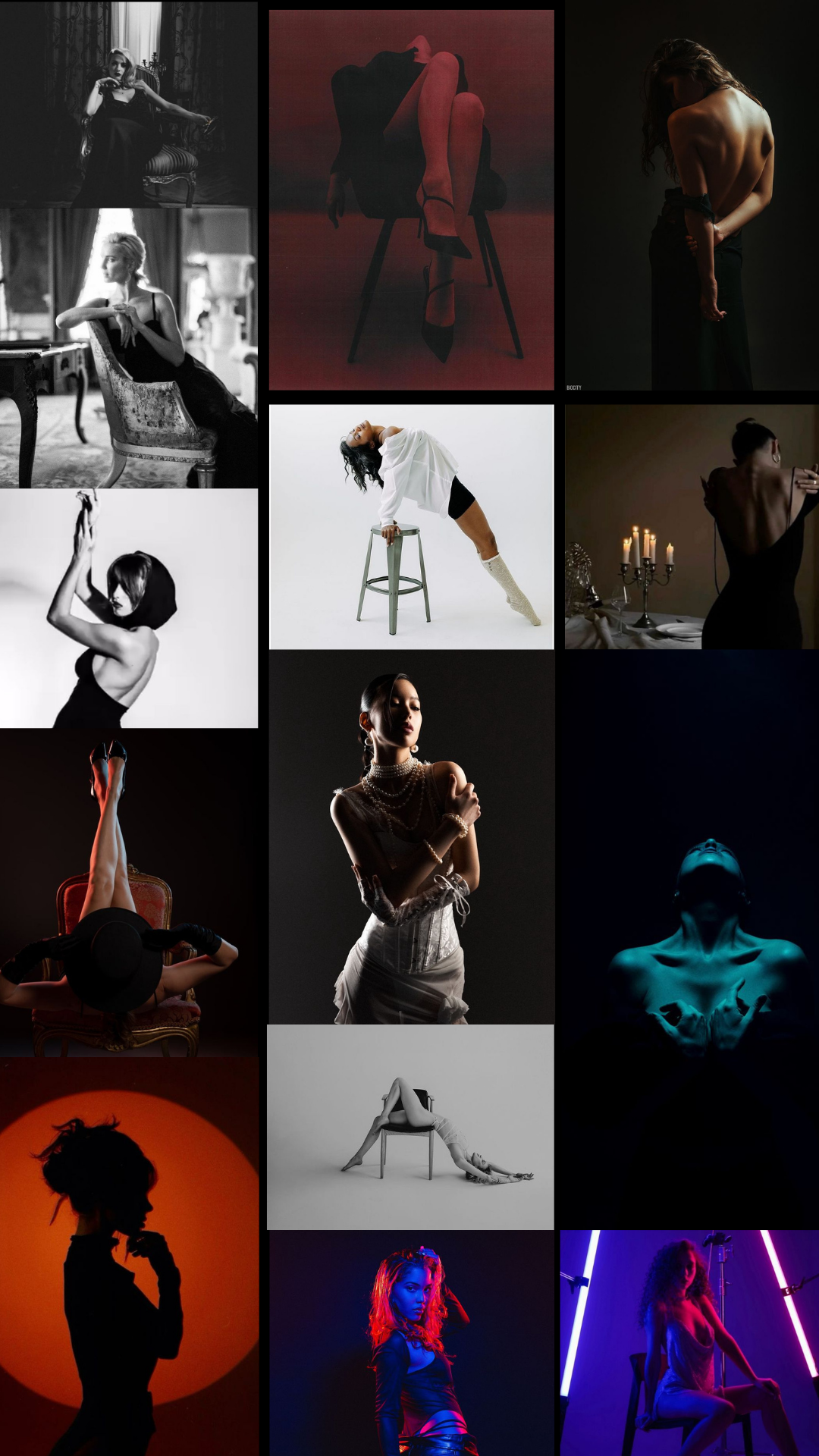 Artistic collage of moody silhouettes and figures in dramatic poses with contrasting lighting and shadows.