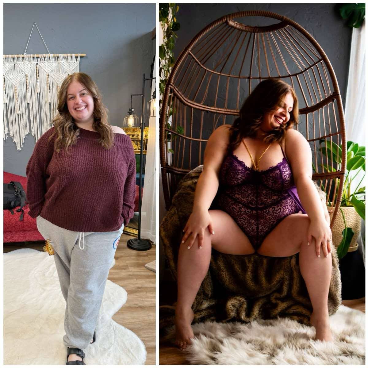 A series of fashion photography shots showing various poses and outfits against a light-colored interior background.