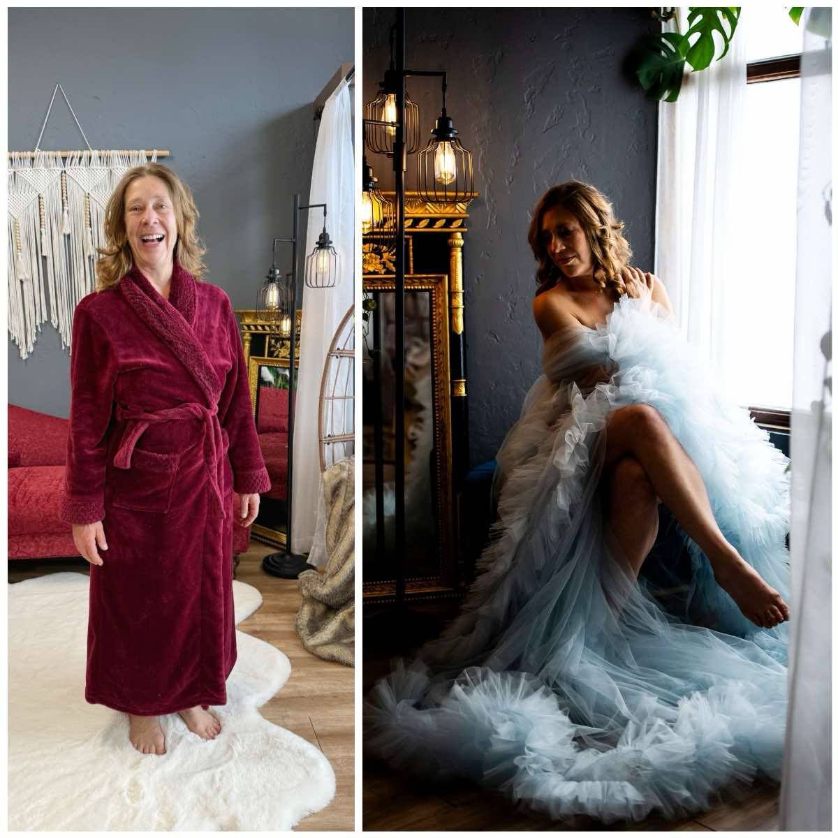 A romantic photoshoot featuring a flowing blue tulle gown and burgundy velvet blazer in an elegant interior setting.