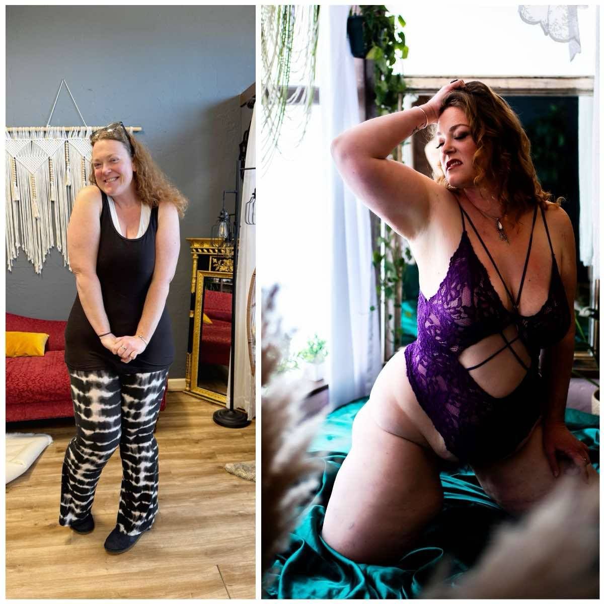 Person in black and striped clothing posing in various positions on a floor with teal fabric.